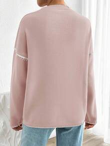 EURMUSE Women Solid Color Deep V-Neck Handmade Stitch Detailed Cardigan - Baby Pink - View 2