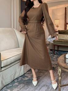 DAZY Robe longue à col carré à manches longues à carreaux pour femmes - Camel - Voir 1