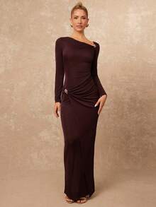 Lumalex 秋冬季不对称肩部长袖金属装饰收腰修身连衣裙，酒红色弹力连衣裙，棕色修身连衣裙，长袖连衣裙，棕色长袖上衣，奢华舞会聚会宴会，低调奢华，闪耀节日派对狂欢节郊游度假，户外盛装，层次丰富，婚礼季宴会，宰牲节派对新年时尚秋季新款女装晚宴晚会精致户外防寒必备冬季旅行装备，女士优雅连衣裙 - 咖啡棕 - 查看 10