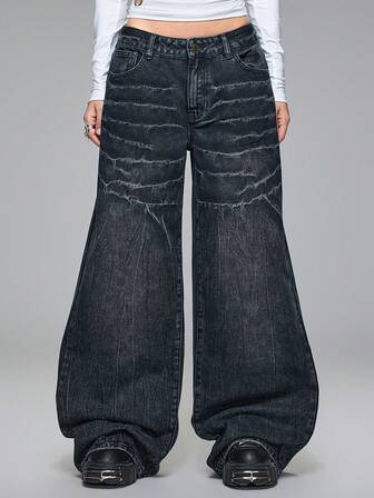Grunge Punk Jeans casual da donna a vita super bassa, gamba ampia, effetto lavato e stropicciato, stile punk con dettagli a fulmine