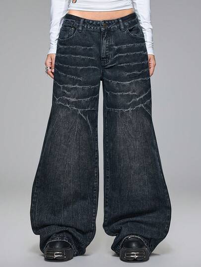 Grunge Punk Jeans casual da donna a vita super bassa, gamba ampia, effetto lavato e stropicciato, stile punk con dettagli a fulmine