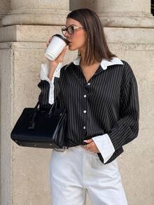 Siren Gaze 女式黑白条纹撞色衬衫，长袖衬衫 - 黑與白 - 查看 6