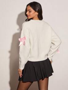 Enchnt Women's White And Pink Cute Autumn Everyday Sweater,Winter Casual Bowknot Decor Round Neck Dropped Shoulder Long Sleeves Christmas Top - White - View 7