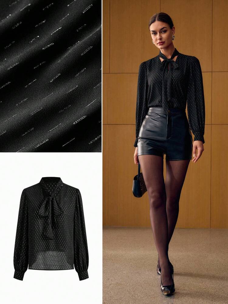 BLUSA COM ESTAMPA TOTAL, GOLA DE GRAVATA E MANGA FAROL