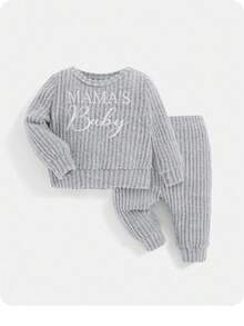 SHEIN 2pcs Newborn Baby Boy Letter Embroidered Crew Neck Long Sleeve Top And Elastic Cuff Pants Set - Grey - View 1