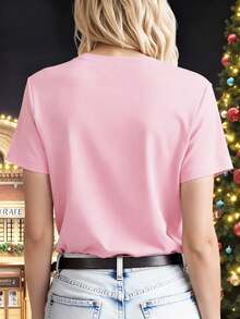 EMERY ROSE Áo thun họa tiết cỡ lớn, Áo thun cổ tròn phong cách đường phố thường ngày, Áo dễ thương và thoải mái, Phong cách kỳ nghỉ - Hồng - Xem 2