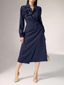 Heiryn Váy dài tay cổ chữ V họa tiết hoa 3D dành cho nữ - Màu xanh hải quân - Xem 2