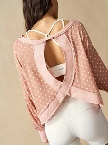 VARSIVA Women's Polka Dot Print Cross Wrap Open Back Loose Fit Casual T-Shirt, Spring/Autumn - Multicolor - View 7