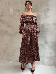 Firerie Women's Elegant Brown Leopard Print Off Shoulder Maxi A-Line Dress,Seductive Cinched Waist Lantern Sleeve Autumn Party Fashion Exquisite Date Gown - Brown - View 8