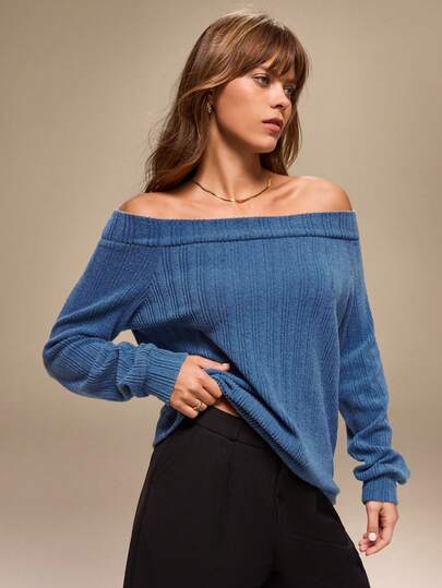 Hanevo 女士休闲日常通勤纯色罗纹露肩宽松 T 恤，春秋季