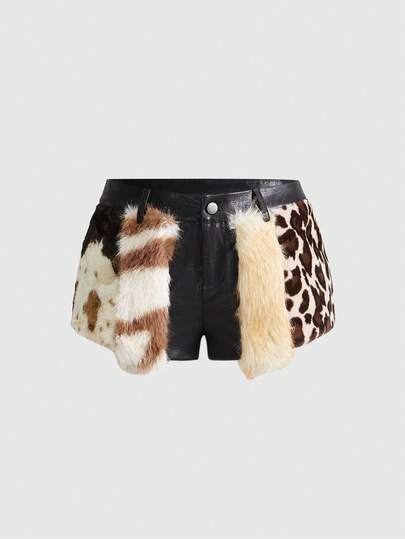 Hippie Short en PU à taille basse avec patchwork de fausse et imprimé animal, style hippie chic rétro Y2K pour femmes