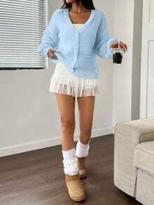 EURMUSE 女士纯色镂空长袖单排扣休闲开衫，秋季 - 淺藍色 - 查看 3