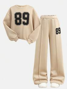 SHEIN Girlism 青少年女孩休闲校园街头风格字母和数字图案圆领运动衫和褶皱阔腿直筒裤针织运动服返校装 - 杏色 - 查看 13