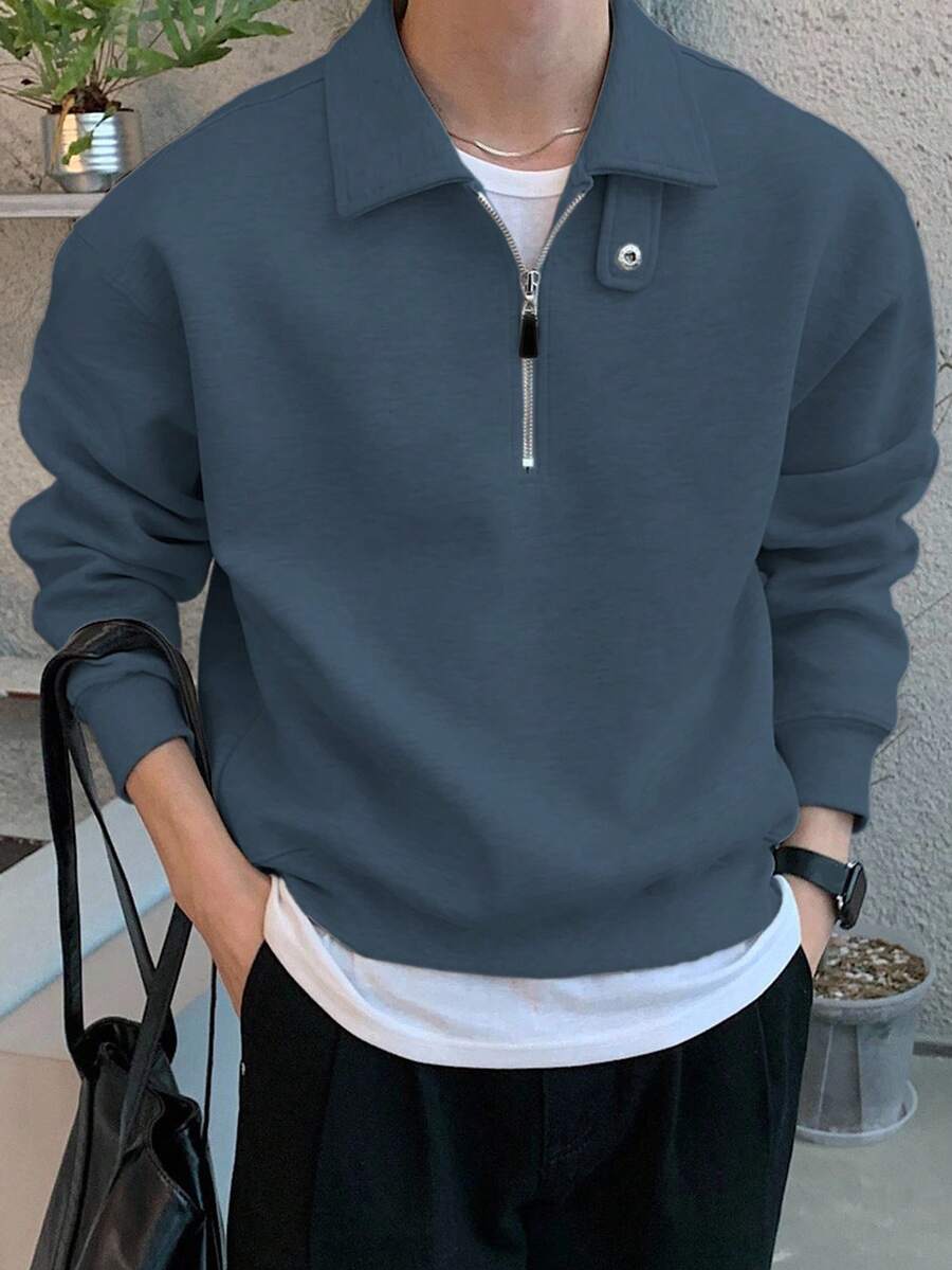 DAZY 男士纯色四分之一拉链 Polo 领可调节纽扣套头卫衣,秋冬季 - 藍色 - 查看 1