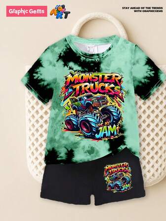 GraphicGems Young Boy Summer Casual Tie-Dye Cartoon Car Graphic Round Neck Short Sleeve T-Shirt And Shorts Set Young Boys 2 Piece