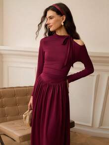 Omancia Women's Ruffle Collar Long Sleeve Off-Shoulder Pleated Fitted Fashionable Dress - Coffee - View 4