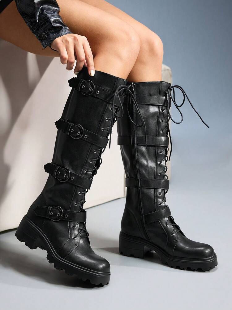 CUCCOO GRLICON Women's Outdoor Round Toe Platform Thick Sole Silver Buckle Decor Black PU Fabric Fashion Comfortable Daily Party Slip-On Boots, Suitable For Halloween, Christmas Party, Autumn