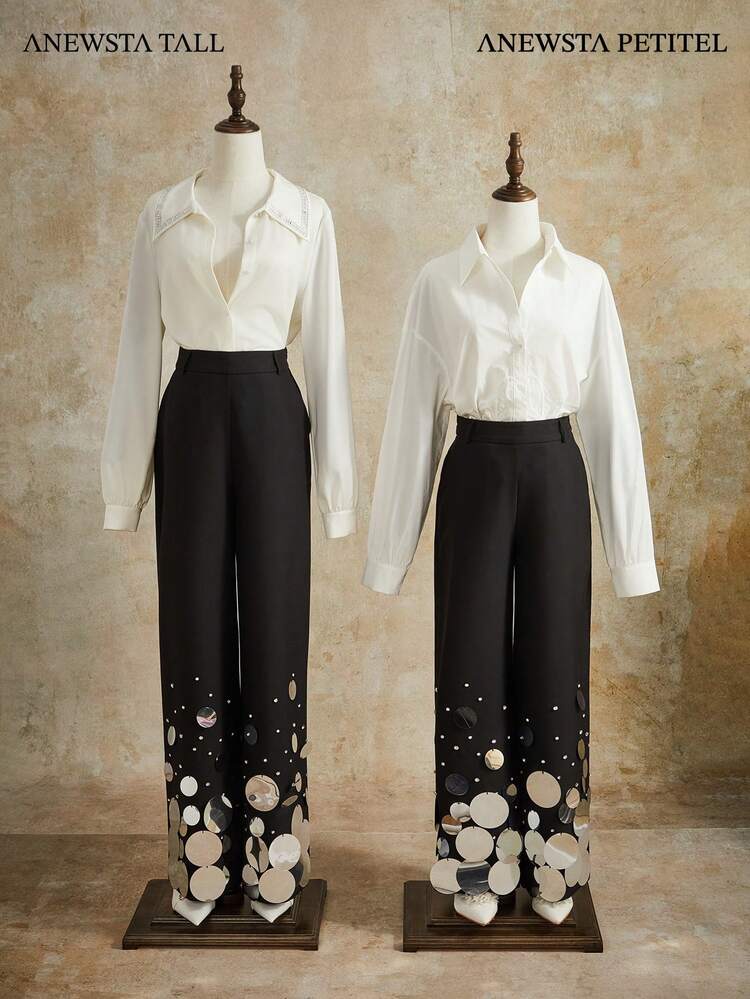 Sequin & Beaded Waist Belt Decor Short Leg Suit Pants For Women, New Autumn/Winter Party Wear