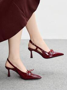 CUCCOO BIZCHIC Pointed Toe Stiletto Heel Bowknot Burgundy Backless Fashionable Minimalist Women's High Heel Pumps - Burgundy - View 3