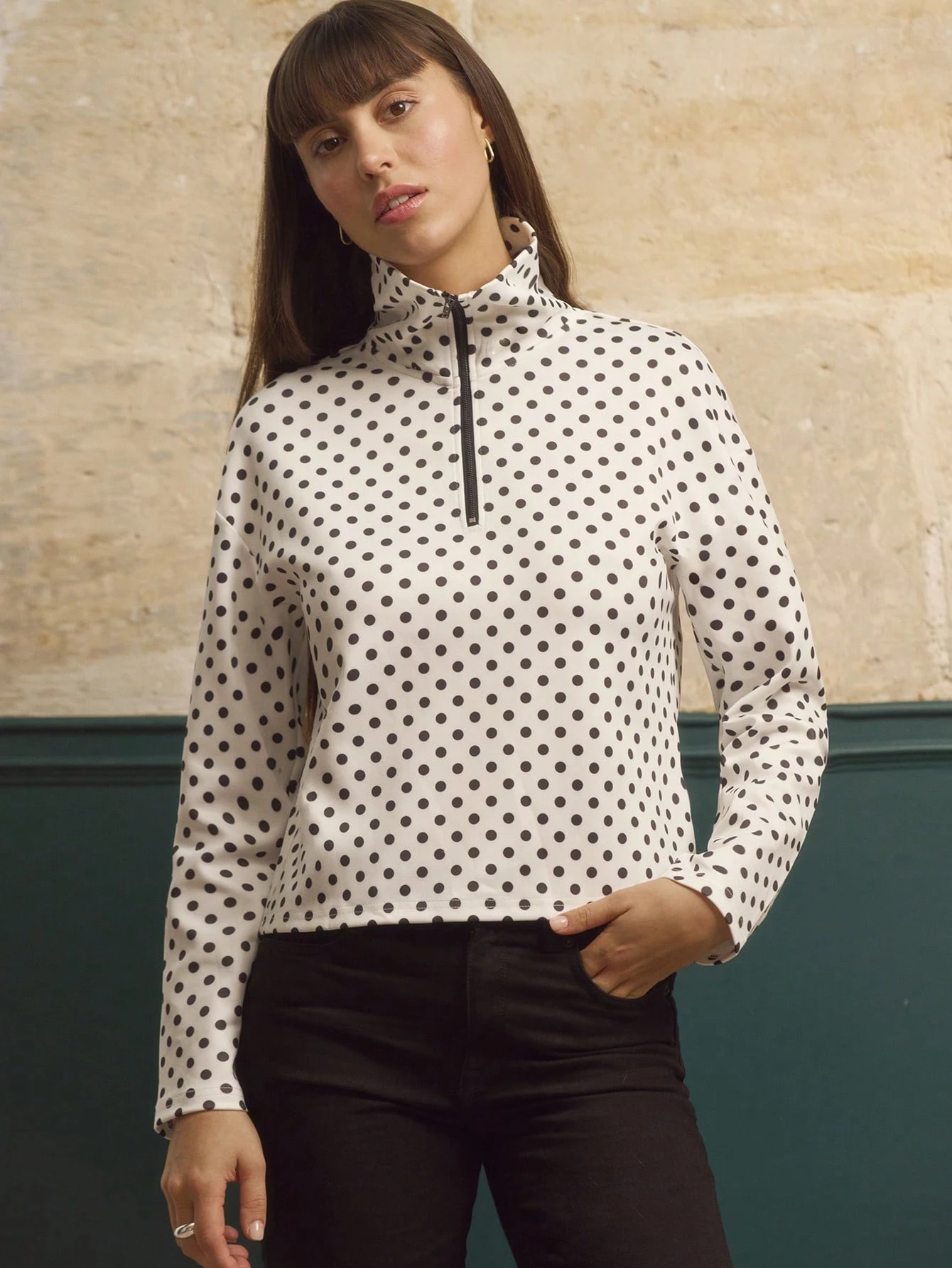 Moletom com Zíper e Bolinhas Brancas, Top de Manga Longa com Bolinhas para Sair, Elegante, Fitness, Macio, Primavera Verão