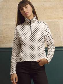 lacRébo White Polka Dot Zip Up Sweatshirt, Long Sleeve Polka Dot Top Going Out Chic Fitness Sweatshirt Spring Summer Cosy - Black and White - View 4