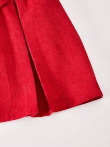 SHEIN Explorewe ChillGRL 2-Piece Girls Winter Birthday Outfit,4-7Y Knit Fuzzy Ribbed Sequin Heart Puff Sleeve T-Shirt & Woven Corduroy Bow Mini Skirt Sweet Casual Set - Red - View 7