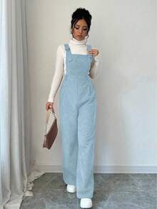 Elenzga Bộ đồ liền thân vải nhung kẻ đơn sắc tối giản hàng ngày dành cho nữ - Màu xanh nhạt - Xem 6