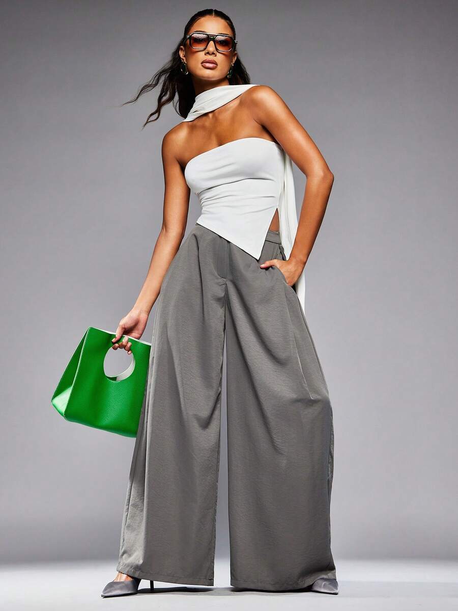 NYA SZN 高腰阔腿宽松日常休闲商务休闲职业装办公室早午餐教师装女士 - 深灰色 - 查看 1