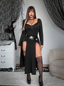 Whyspr Fashionable Long Sleeve Lace Patchwork Slim Fit Split Punk Dress - Black - View 6