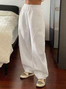 DAZY Women's Loose Solid Color Harem Pants, Thick Elastic Waist Split Casual Street Style Trousers, Autumn/Winter - White - View 5