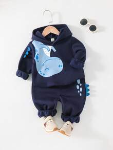 Cozy Pixies 2pcs Baby Boy Cartoon Dinosaur Print Hooded Long Sleeve Sweatshirt And Elastic Waist Jogger Pants Set - Navy Blue - View 1