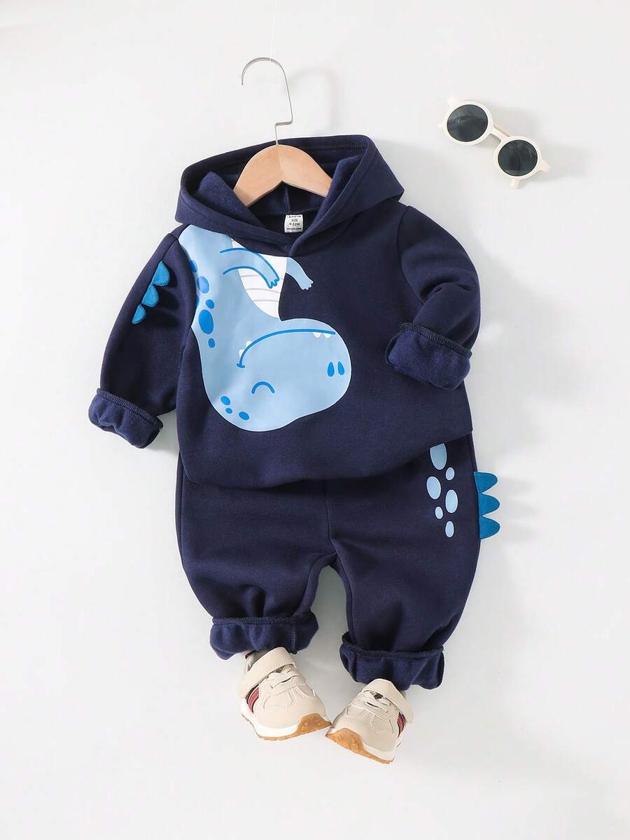 Cozy Pixies 2pcs Baby Boy Cartoon Dinosaur Print Hooded Long Sleeve Sweatshirt And Elastic Waist Jogger Pants Set - Navy Blue - View 1
