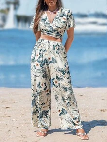 SHEIN VCAY Summer Tropical Print Tie Back Crop Top & Wide Leg Pants Two Pieces Set - Multicolor - View 4