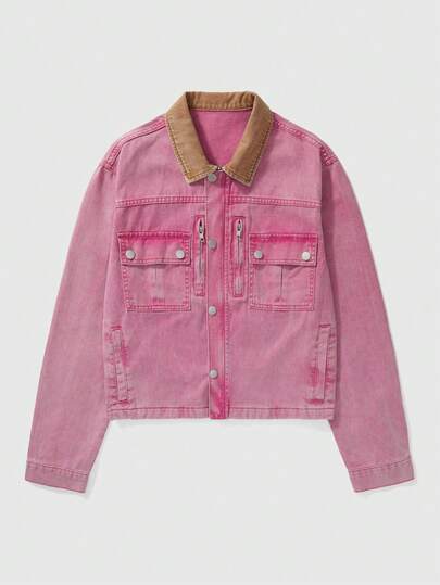 Street Life Men's Casual Washed Vintage Pink Denim Jacket