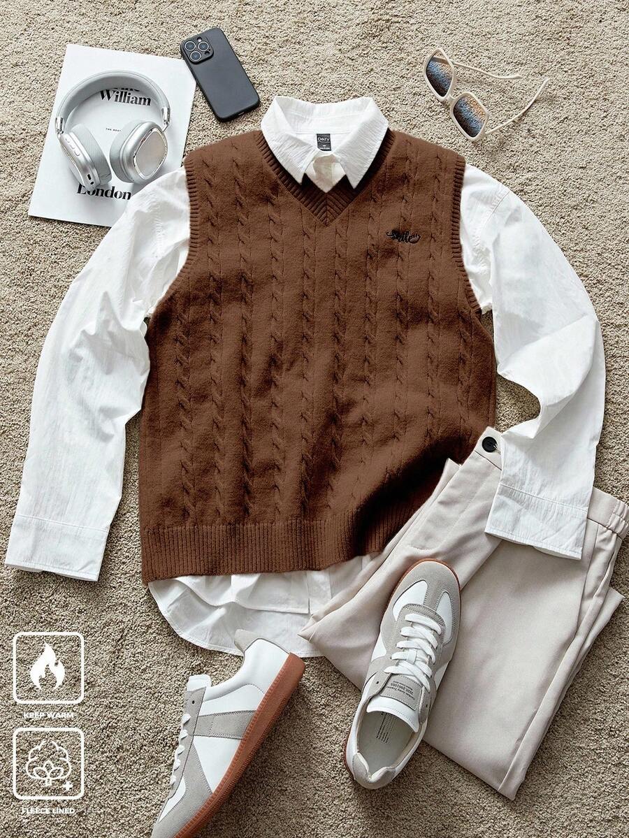 Manfinity CasualKnits 男士休闲百搭纯色针织毛衣背心，秋冬男士钩针套装，长袖上衣 - 咖啡棕 - 查看 1