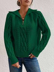 SHEIN Cottnline Women's Solid Color Half-Zip Casual Raglan Sleeve Knit Pullover Sweater - Dark Green - View 4