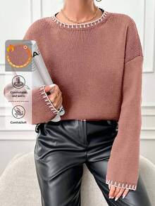 EURMUSE Women Dropped Shoulder Round Neck Long Sleeve Loose Casual Sweater, Autumn/Winter - Rusty Rose - View 1