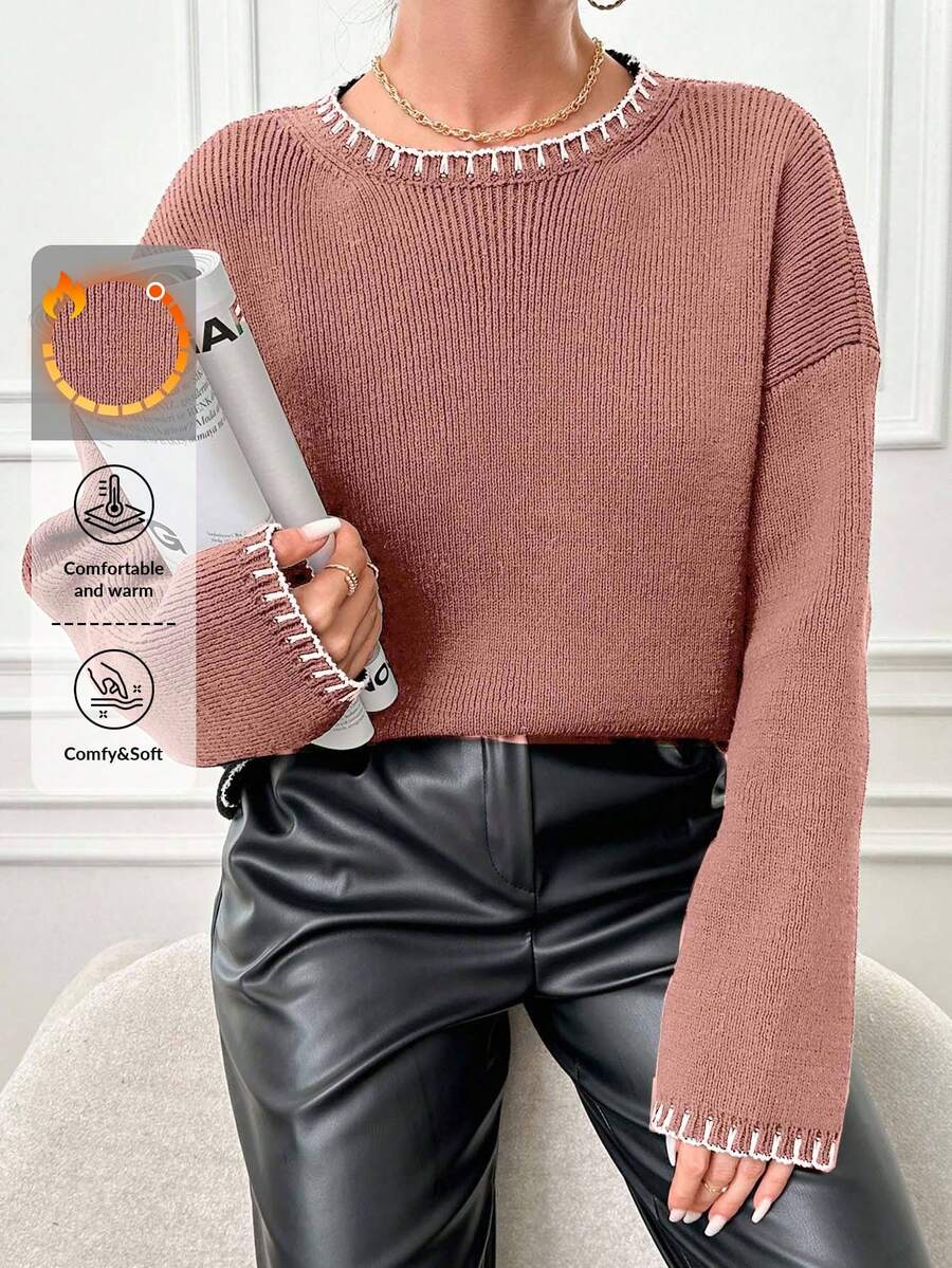 EURMUSE Women Dropped Shoulder Round Neck Long Sleeve Loose Casual Sweater, Autumn/Winter - Rusty Rose - View 1