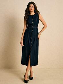Poéselle Women's Fashion Front Button Sleeveless Denim Dress, Suitable For Commuting Summer Dresses For Women Denim Midi Dress Women Denim Dresses Casual Midi Dress Curve Denim Dress Denim Button-Down Dress Denim Dress For Women - Dark Wash - View 4