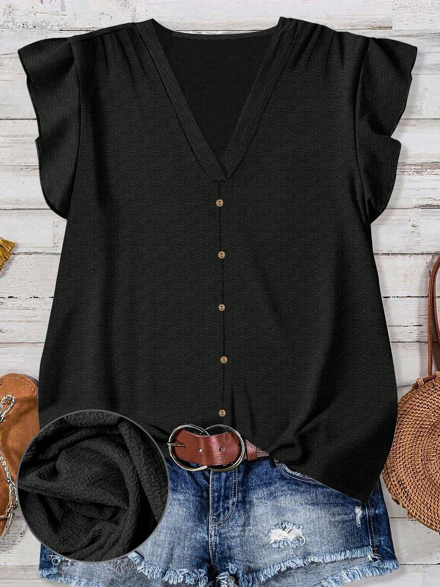 Rusticease Áo cánh tay lửng cổ chữ V màu trơn dành cho nữ, thích hợp mặc vào mùa hè - màu đen - Xem 1