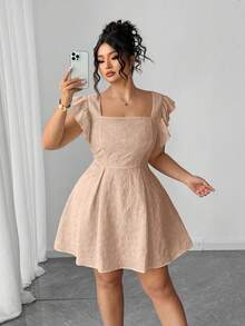 Elenzga 大码纯色提花荷叶边下摆优雅连衣裙 - 卡其色 - 查看 7