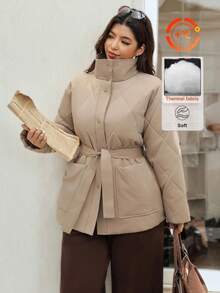 Vionelle Plus Size Big Pocket Quilted Long Sleeve Casual Basic Coat With Belt For Women Winter/Autumn Jacket Outerwear,Hiking Clothes - Khaki - View 4