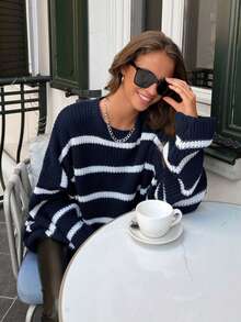 EURMUSE Women's Black & White Striped Crew Neck Loose Fit Long Sleeve Pullover Sweater,Jumper,Cream Jumper,Jumpers,Womens Jumper,Women's Jumper,Women's Jumpers,Winter Clothes - Navy Blue - View 4