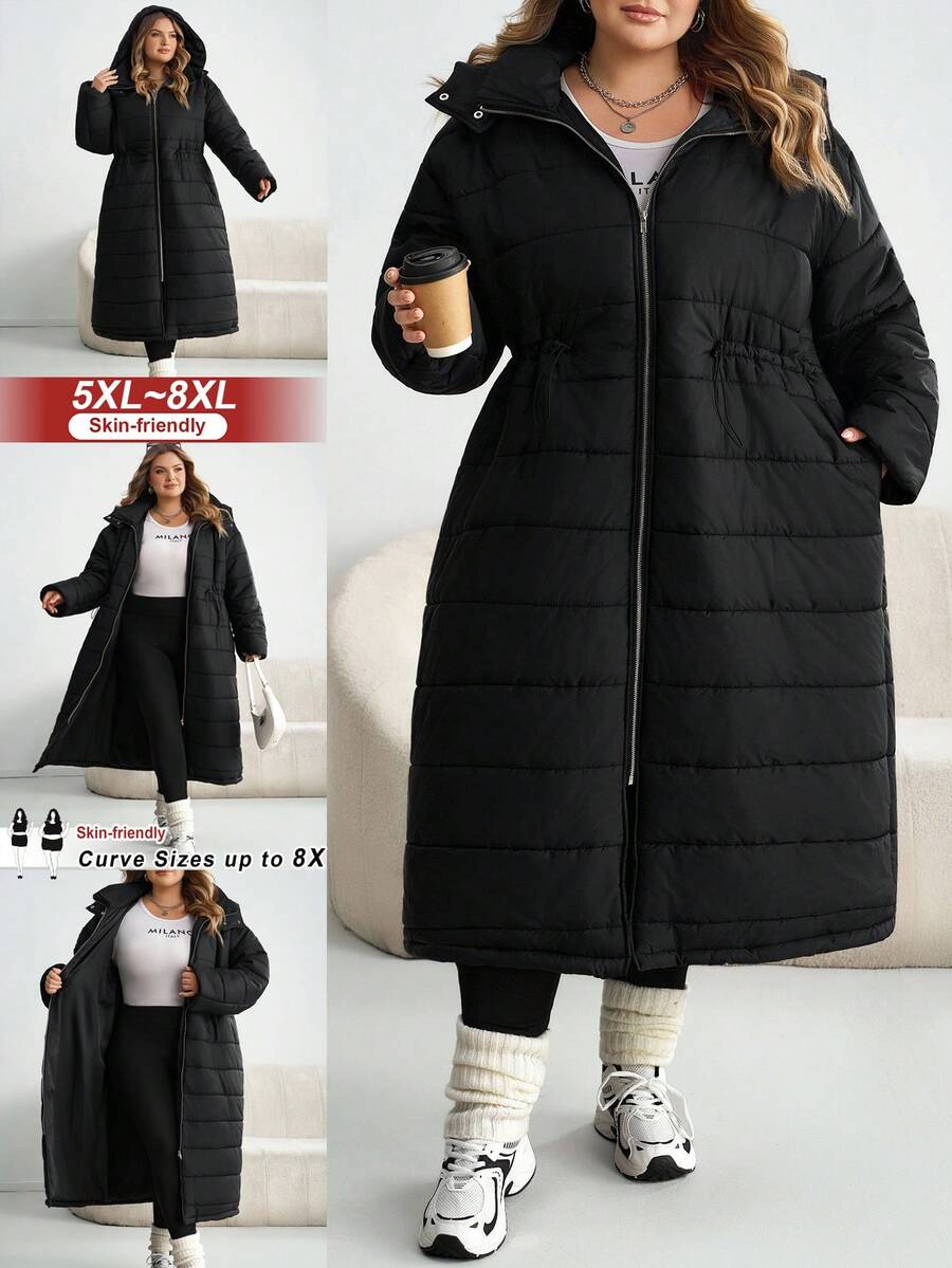 SHEIN CURVE+ Abrigo largo con capucha grueso de invierno para tallas grandes Shine Curve - Negro - Ver 1