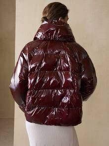 Revavyn 女士闪亮短款廓形设计棉服外套，时尚优雅，适合日常通勤、冬季 - 酒紅色 - 查看 6