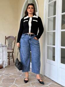 Flexra Quần Jeans Boyfriend Cỡ Lớn Có Nút Thắt Lưng Túi Ống Thẳng Thời Trang Thường Ngày Vừa Vặn Thoải Mái Đã Giặt - Rửa trung bình - Xem 7