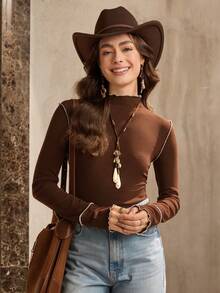 Wildy Camiseta básica de manga larga con ribete de contraste marrón, nueva prenda de invierno