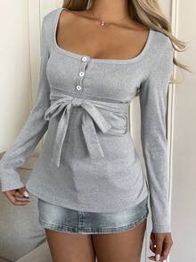 SHEIN LUNE Áo thun nữ cổ vuông tay dài màu trơn thiết kế thắt nút eo đơn giản - Xám - Xem 3