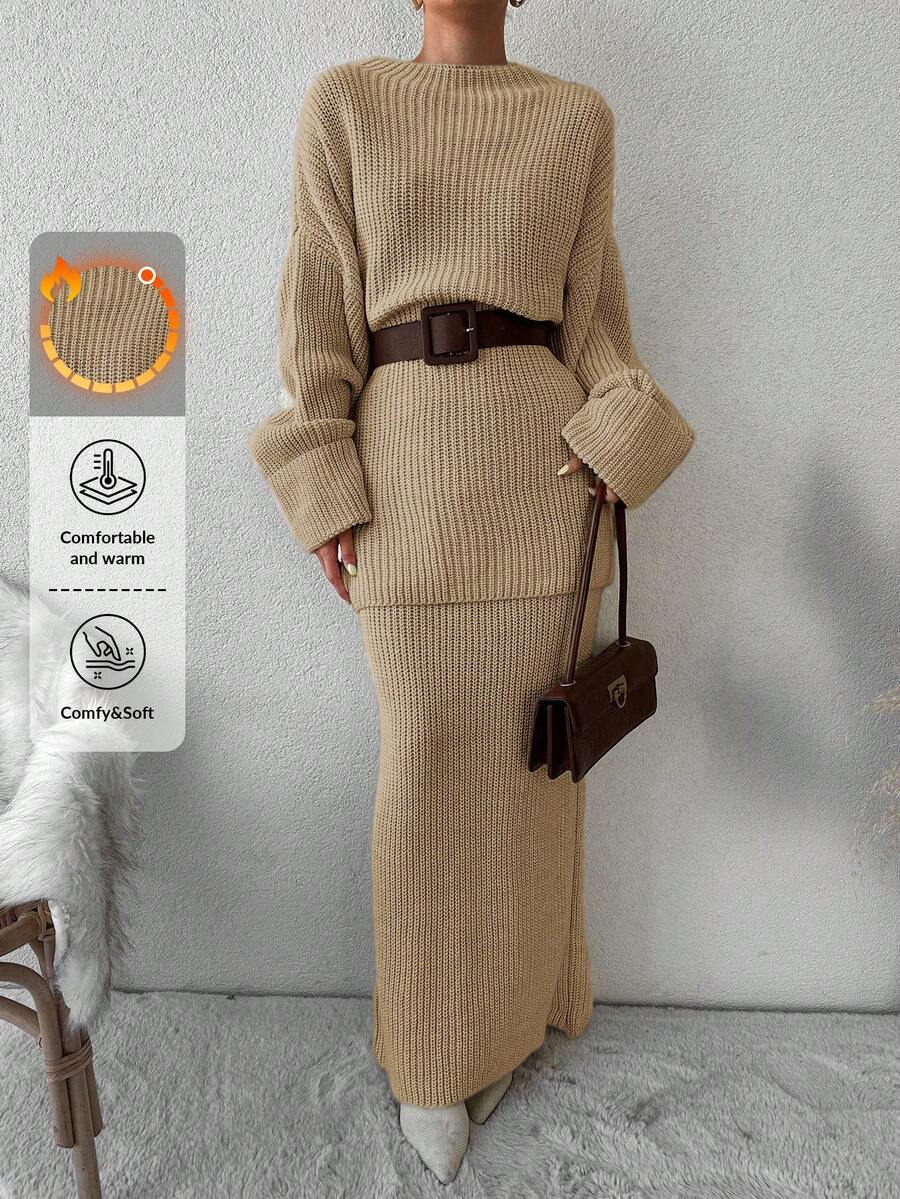 EURMUSE 2pcs Women Solid Color Long Sweater Top And Mini Skirt Set - Camel - View 1