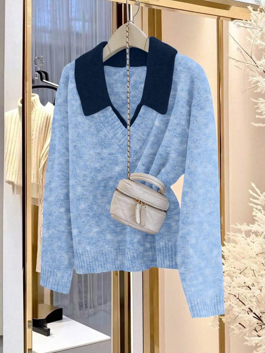 Franclia V-Neck 2 In 1 Long Sleeve Sweater, Autumn/Winter - Dusty Blue - View 1